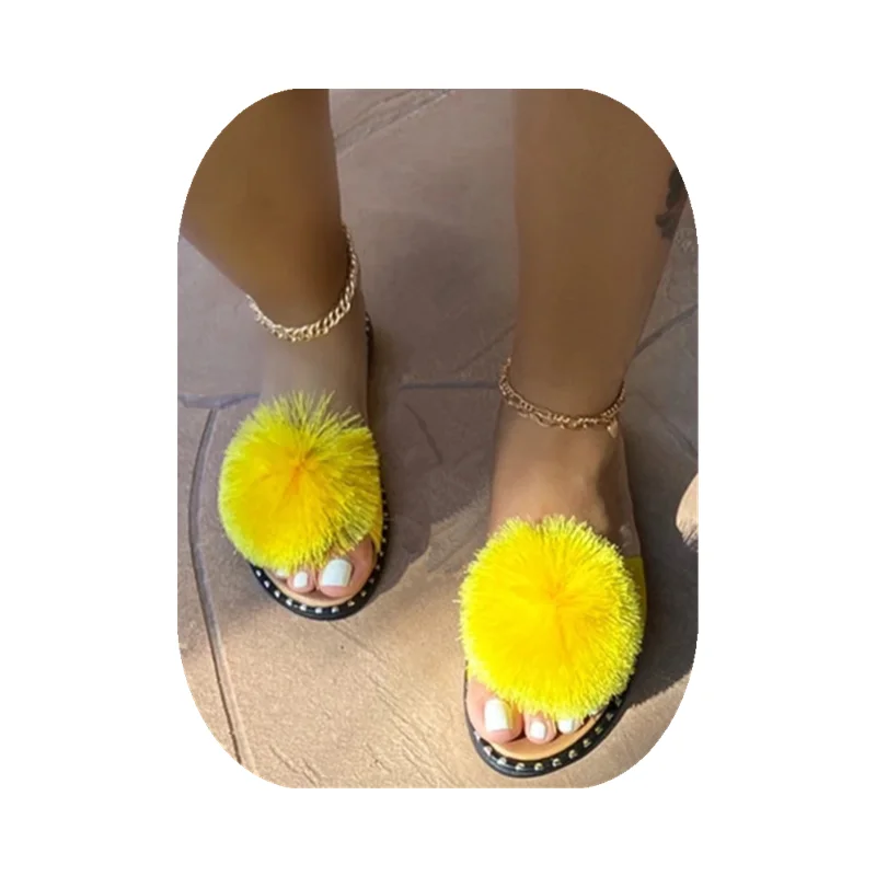 

New fashion furry pompon slippers women plush slides custom design real fur slippers for sale, As picture