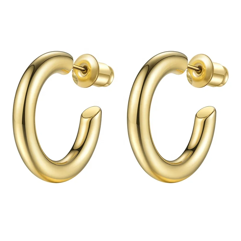 High Quality 18K Gold Plated Stainless Steel Jewelry C Shaped Circle Solid Hoop Earrings CE171023