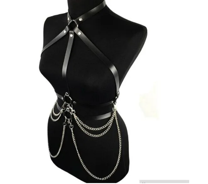 

2020 New Leather Necklace Belt Shoulder Strap One Metal Chain Bundle Fashion Bondage Chest Belt Body Accessories, Black red