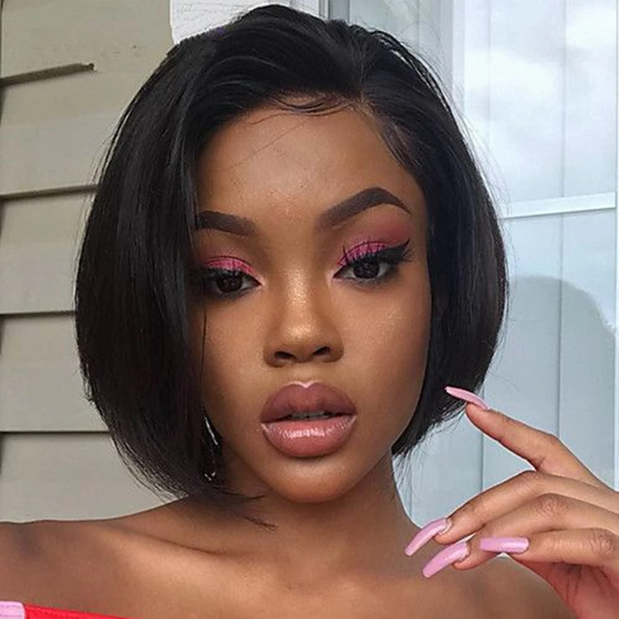 Brazilian Human Hair Bob Silky Straight Lace Front Wigs with Bangs Virgin Remy 100% Human Hair Short Bob Natural Color Wigs