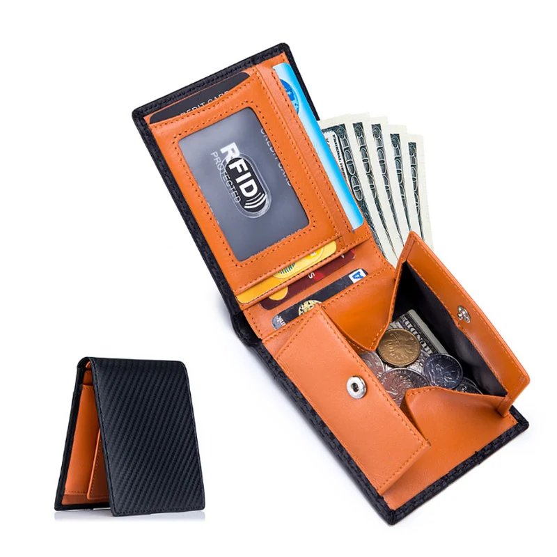 

Split genuine leather carbon fiber microfiber purse slim minimalist men wallet billetera with coin pouch RFID