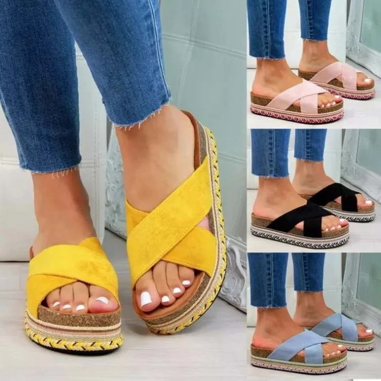 

LX-010 hot selling stra weaving sole platform sandals for women summer cross strap open toe wedge heels slipper, Picture show