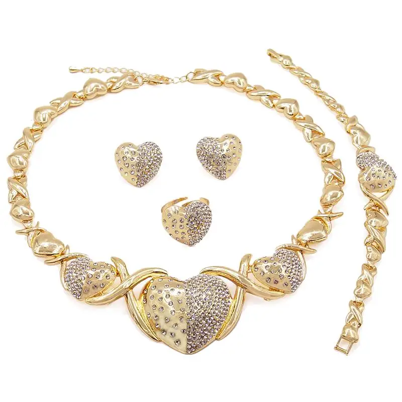 

18k Big Plated XOXO Jewelry Sets Three Diamond Hearts Latest Design Sparkling Necklace Earrings Bangle Ring Four piece Set