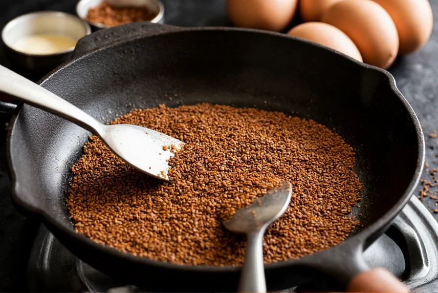 Cumin seeds being toasted in cast iron skillet with cooking utensils