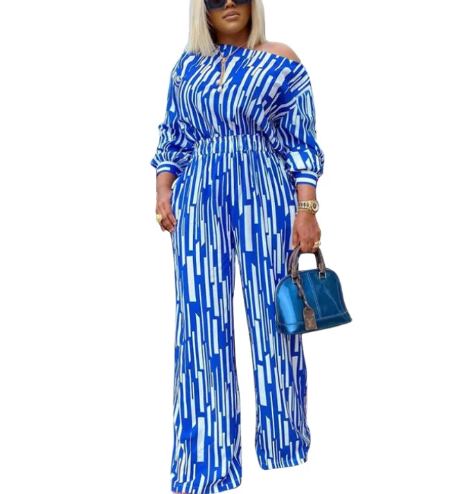 

2021 Fashion Spring Large Size Wide Leg Striped Women Two pieces sets, Blue