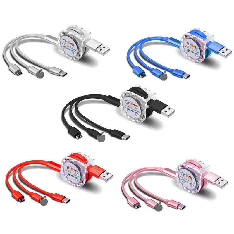 

Wholesale Multi Plug Tpe 2.4A 3ft Fine Copper Retractable 3 in 1 Usb Type C Micro 8pin Charging Cable For Mobile Phone, Black/silver/red/blue