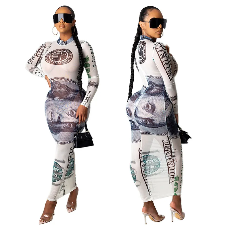 

RaHB1002 women plus size sexy clothing long dresses long sleeves gauze with dollar printed money, Shown