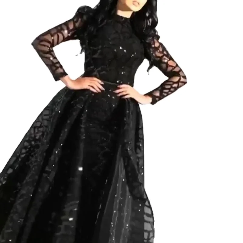 

Luxury Black Long Sleeve Long Gown Bling Party Elegant Evening Dresses Women