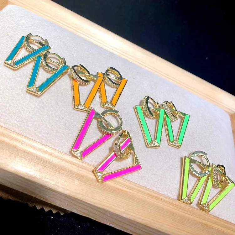 

EC1756 18k Gold Plated CZ Pave Rainbow Multicolor Enamel Neon Triangle V Shape Drop Geometric Huggie Earrings for Ladies