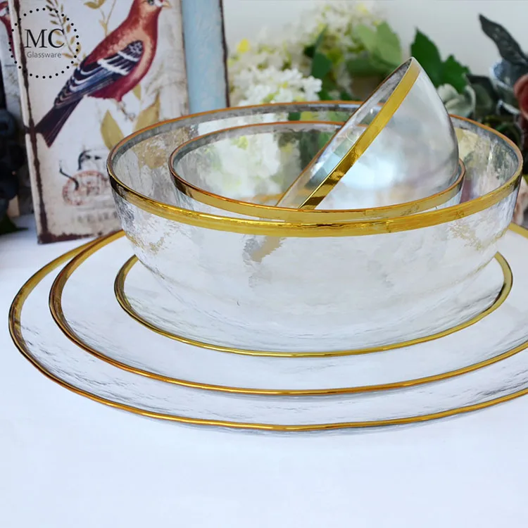 

Nordic Style Gold Rim Glass Dinner Plate Transparent Dessert Bowl Western Dish Creative Salad Tray