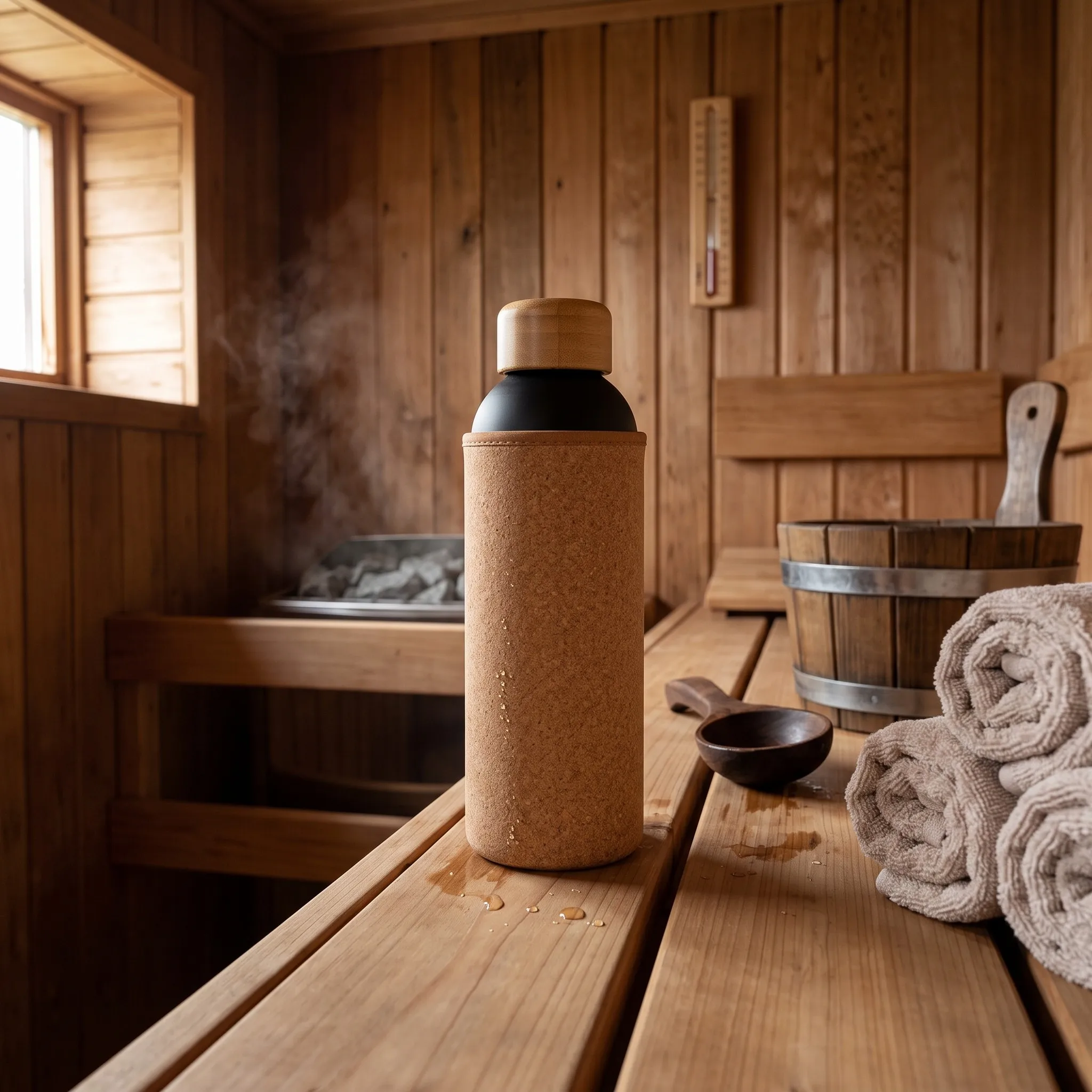 Matte black stainless steel bottle with a cork sleeve and bamboo cap standing on a sauna bench beside rolled towels and a wooden bucket