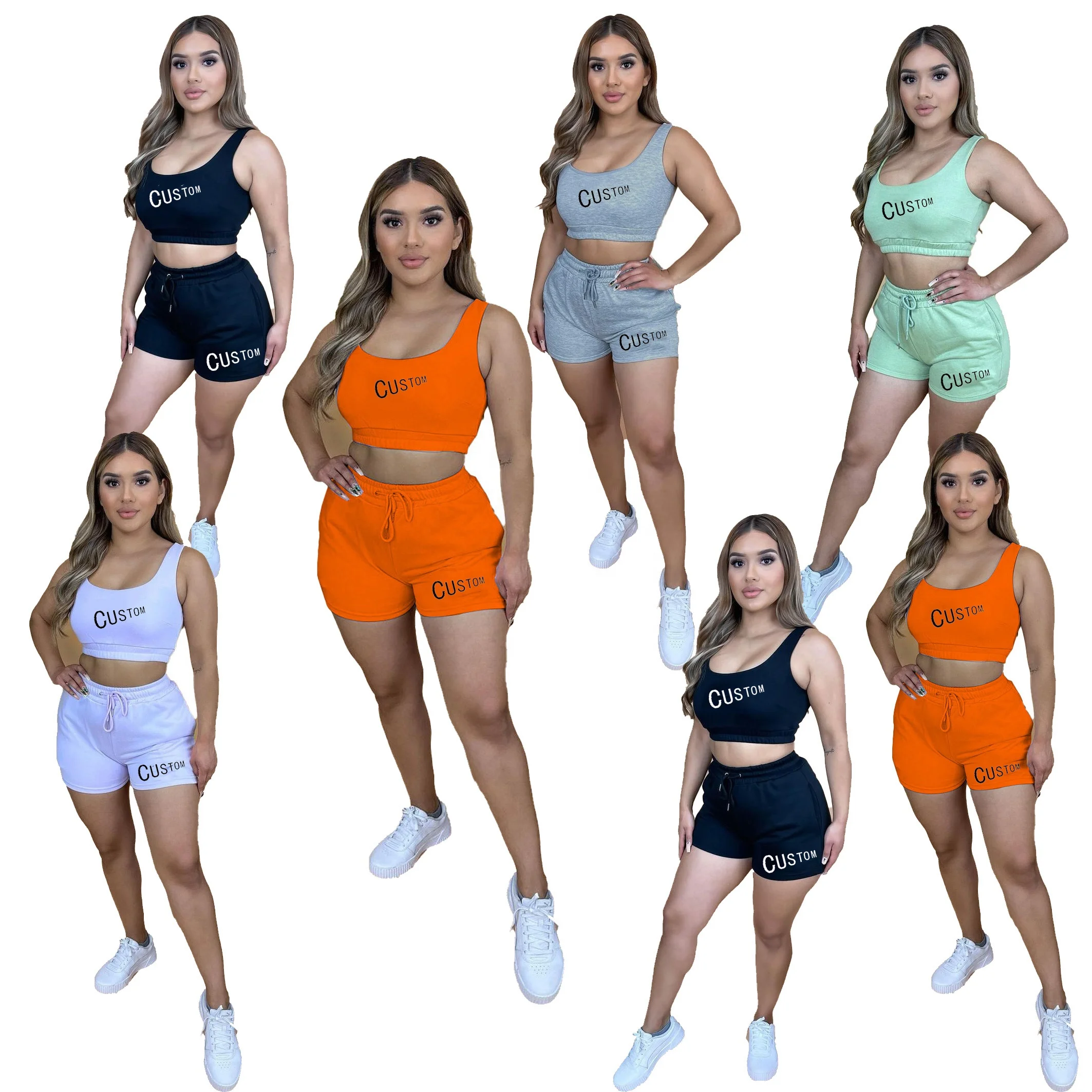 

Custom logo 2022 Summer women Two Piece Shorts Sets Biker Tank Tops and joggers pants sweat sutits Women's summer Tracksuits