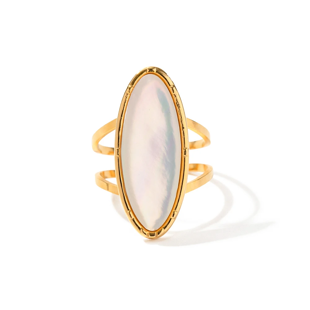 INS Style Waterproof Jewelry 18k Gold Plated Oval Geometry Natural White Shell Open Ring For Women