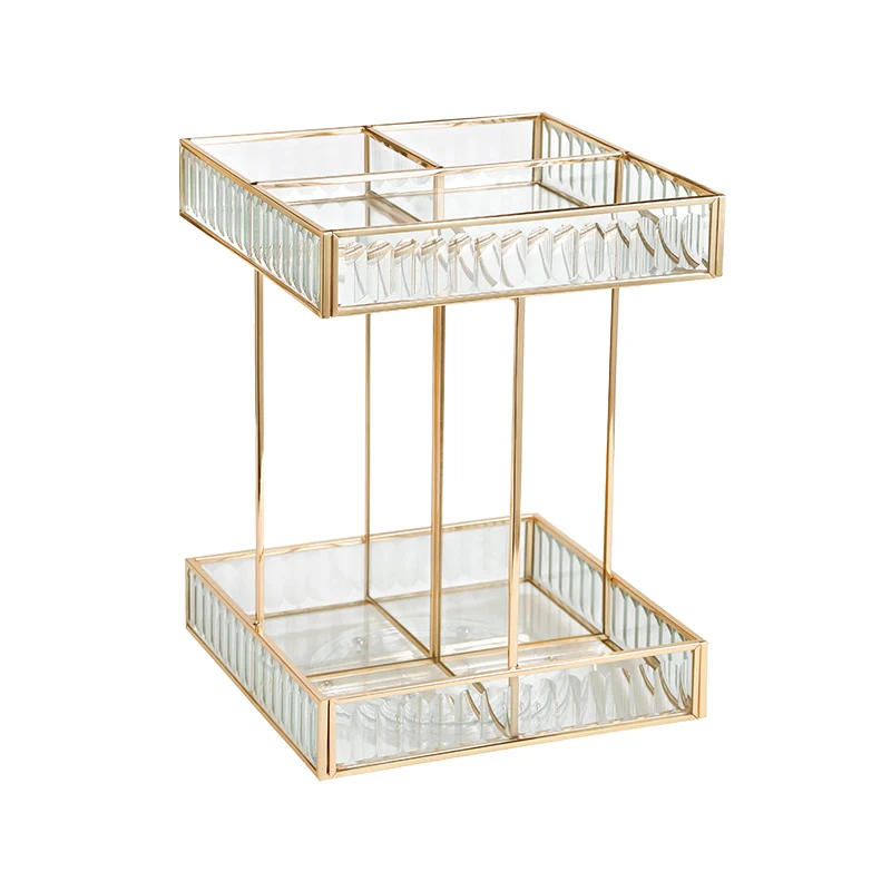 

Wholesale Luxury Glass Metal Cosmetic Organizer 2Layer Rotating Brush Pencil Lipstick Holder Makeup Storage Case Wedding Gift, Clear