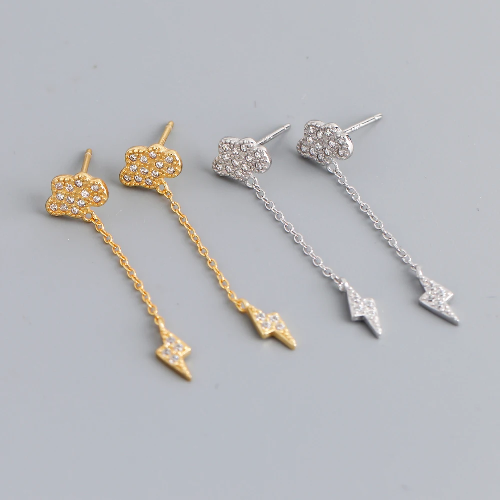 Fashion 925 Sterling Silver Cloud Lightning Long Chain Tassel Earrings Women Gold Plated Stud Earrings