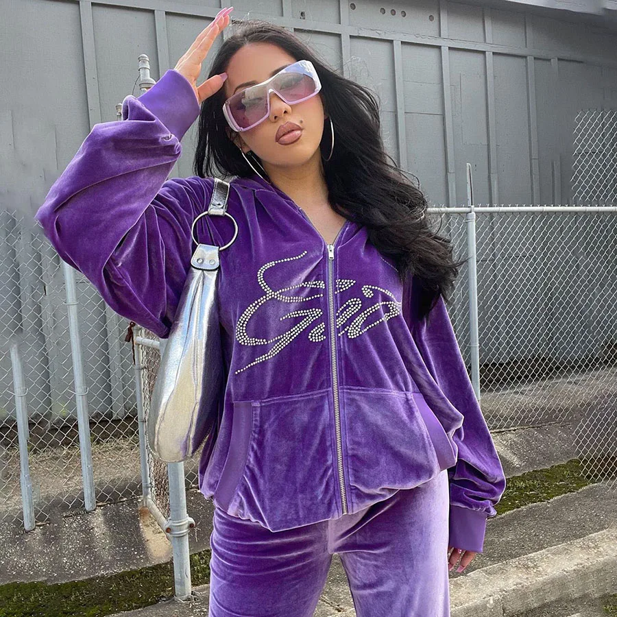 

Letter Velvet Long Sleeve Hoodie Women Clothing Two Pieces Pants Set
