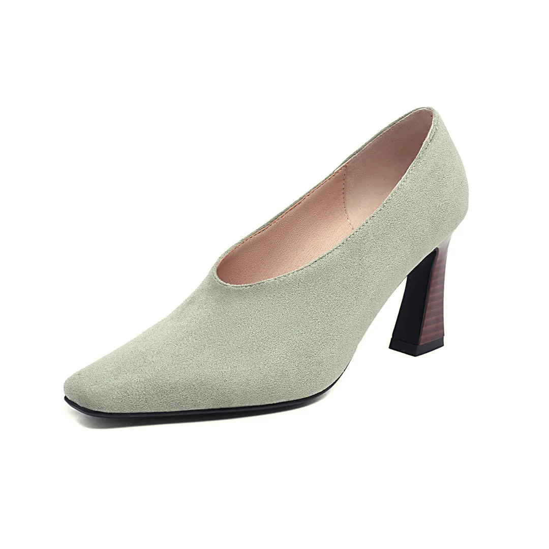 

Summer Elegant Square Head High Heels Women Pumps Ladies Suede Leather Thin Heel Shoes, Green/black/apricot