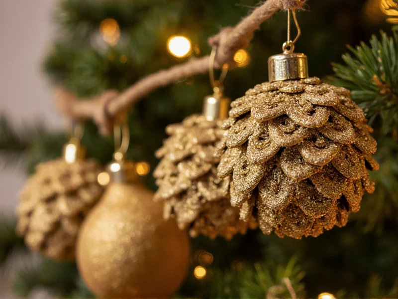Sparkling gold pine cone Christmas ornaments on rustic string