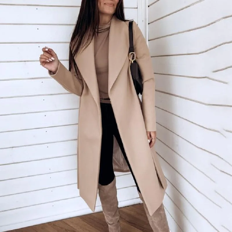 

Women Turn-down Collar Button Woolen Coat Autumn Winter Long Sleeve Pocket Jacket Elegant Office Lady Plus Size Tops Long Coats