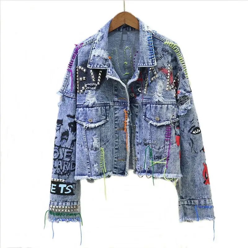 OEM Design New Women Denim Jacket Coat Women Coats Female Graffiti Rivet Jacket Girl Short Outerwear Blue