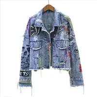 

OEM Design New Women Denim Jacket Coat Women Coats Female Graffiti Rivet Jacket Girl Short Outerwear Blue