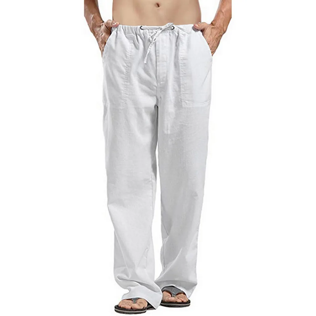 

Linen Trousers Joggers Casual Solid Elastic Pants Waist Straight Loose track man pants