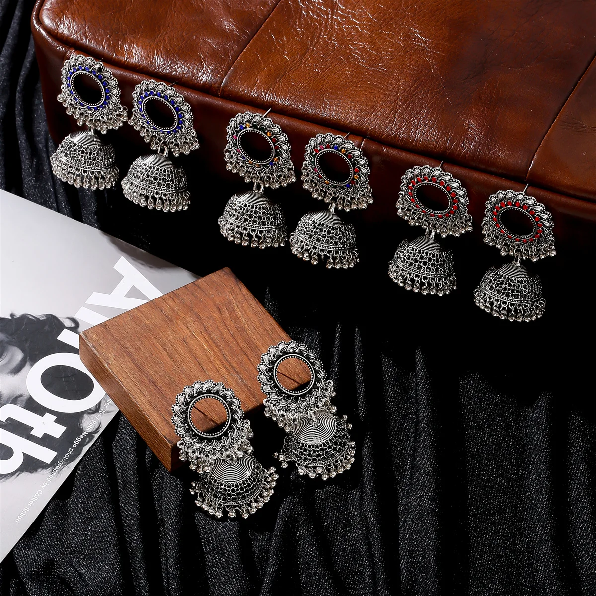 

Vintage Bohemian Ethnic Jewelry Women Drop Silver Big Bell Gemstone Long jhumki Gypsy Bell Dangle Earrings