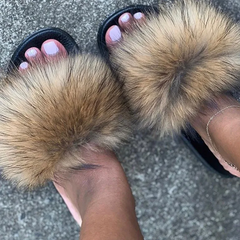 

Custom 2021 Summer Platform Sandals Shoes Ladies Trendy Fluffy Fox Furry Slippers Female Designer Faux Fur Slides for Women, As pictures or customized colors