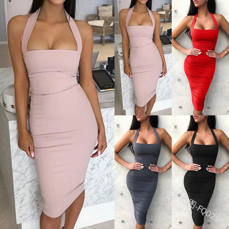 

YH Low Neck Halter Sexy Bandage Party Dress Women Tie Front Backless Long Maxi Dress Summer Dress Vestidos Plus Size 5XL, As the pictures shown