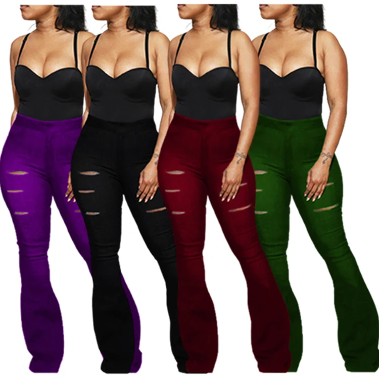 

Hot Sale Solid Color High Waisted Women Plus Size Hole Micro Flared Trousers Pants