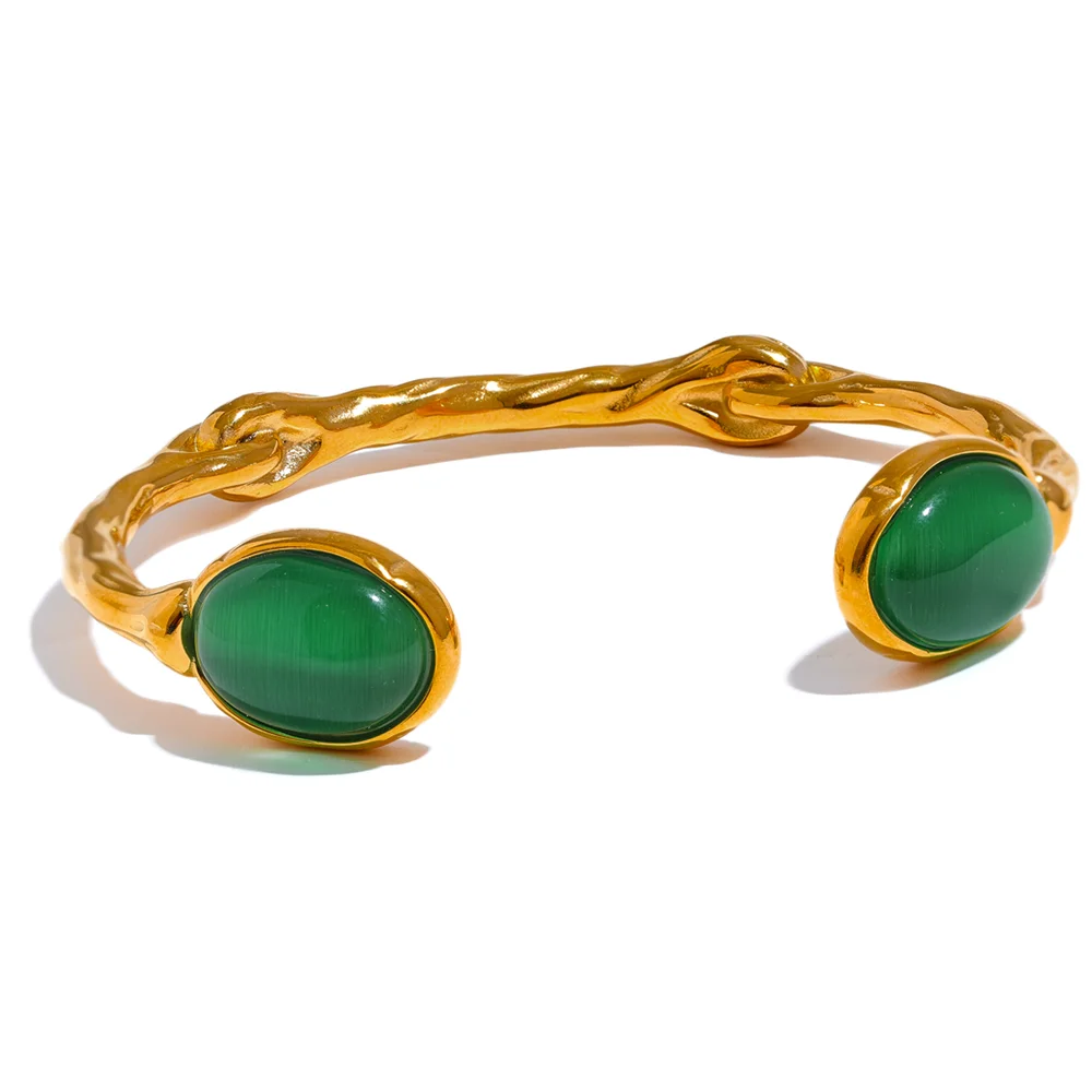 

JINYOU 227 Green Natural Stone Stainless Steel Gold Cuff Bracelet Bangle Women High Quality Textured Stylish Statement Jewelry