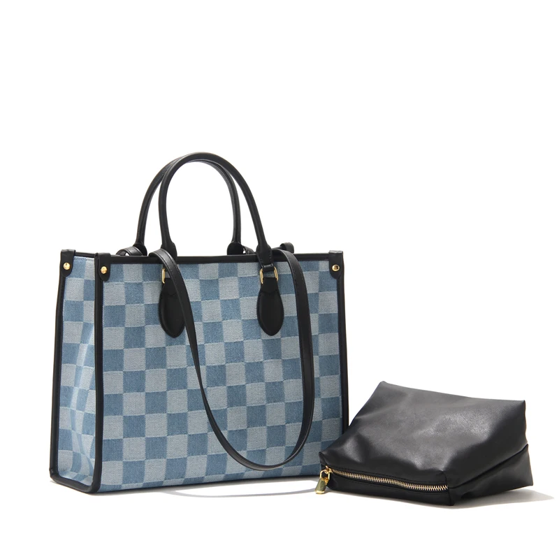 

Checkerboard Large Capacity Tote Bag Female Briefcase 2022 New Single Shoulder Messenger Bag, Light blue