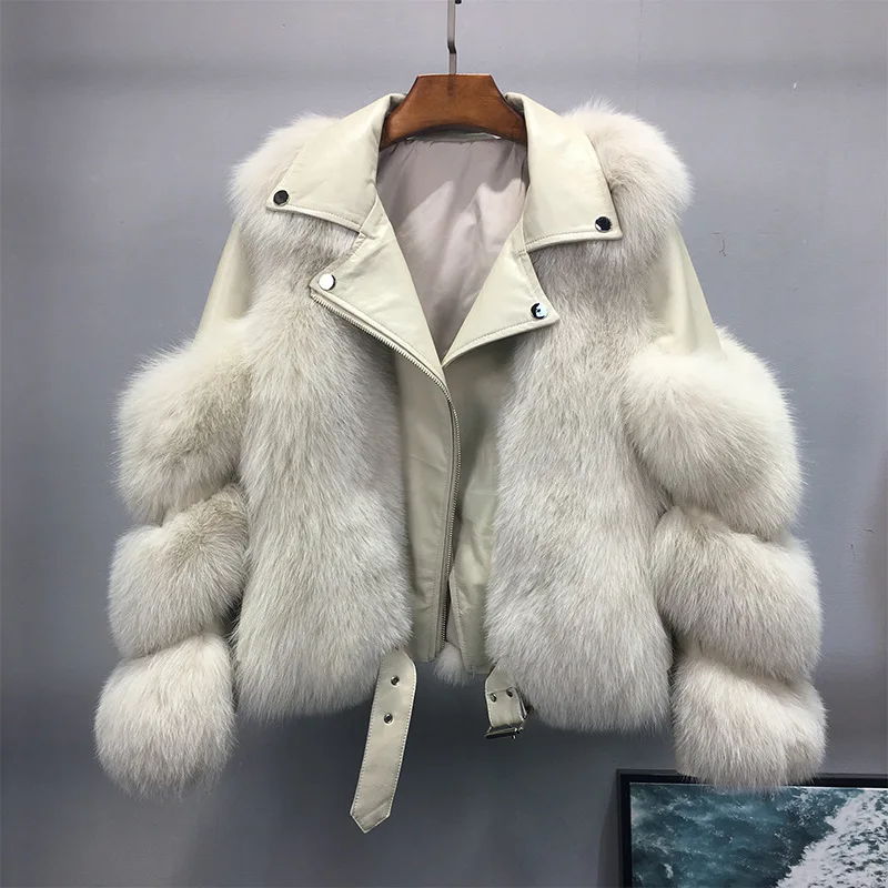 
2020 Winter Motorcycle Sheepskin Fur Jacket Model Designer Women Real Fox Fur Coat For Woman Trendy Genuine Leather Coats 