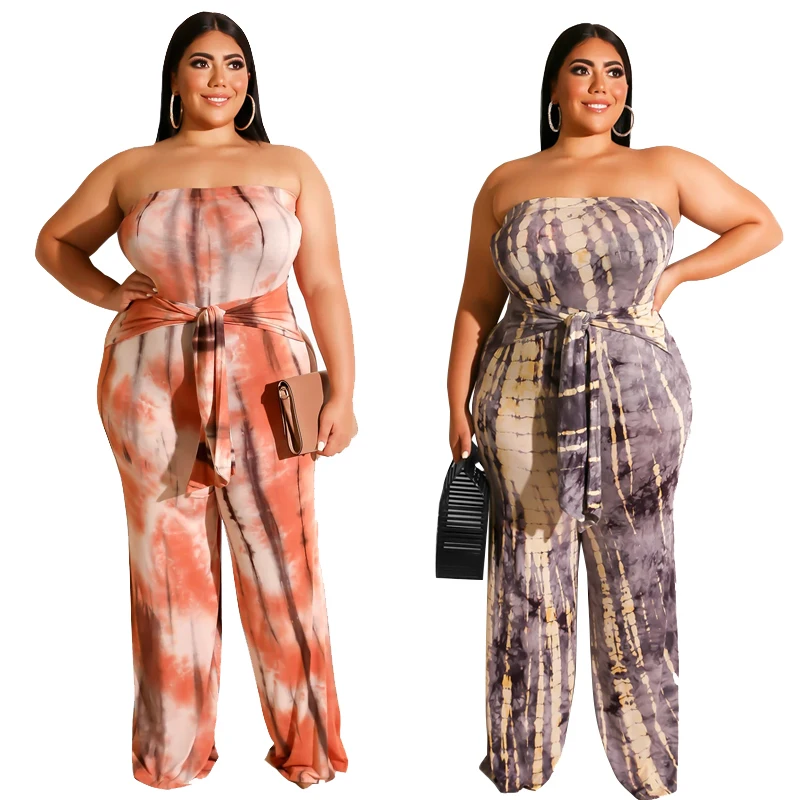 

FM-19378 Tie dye print breast wrap straight tube pants sexy oversize jumpsuit plus size jumpsuit for fat women with belt, As pictures