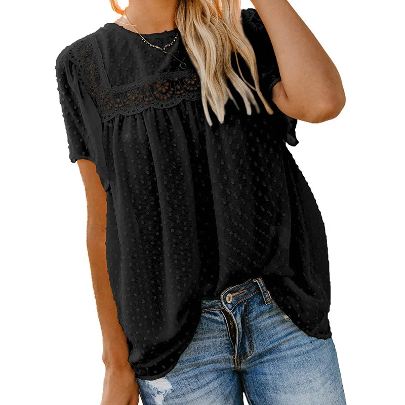 

Ecowalson Summer Short Sleeve Solid Loose Casual Elegant Female Chiffon Shirt New Fashion Tops O Neck Lace Folds Women T Shirt