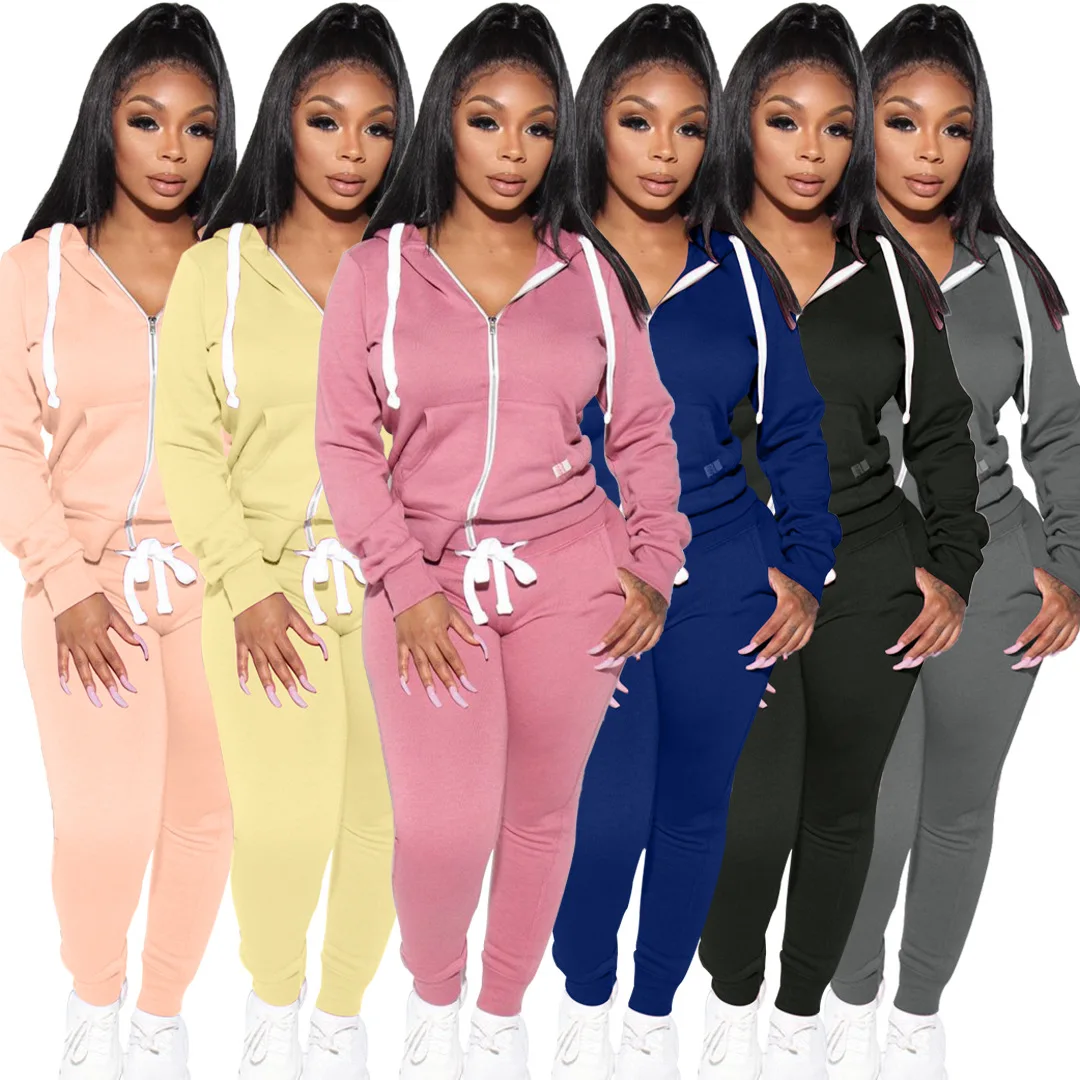 

high quality fall 2021 women clothes Solid Color Custom Logo Sweatshirt Sweatpants And Hoodie with jogers Set