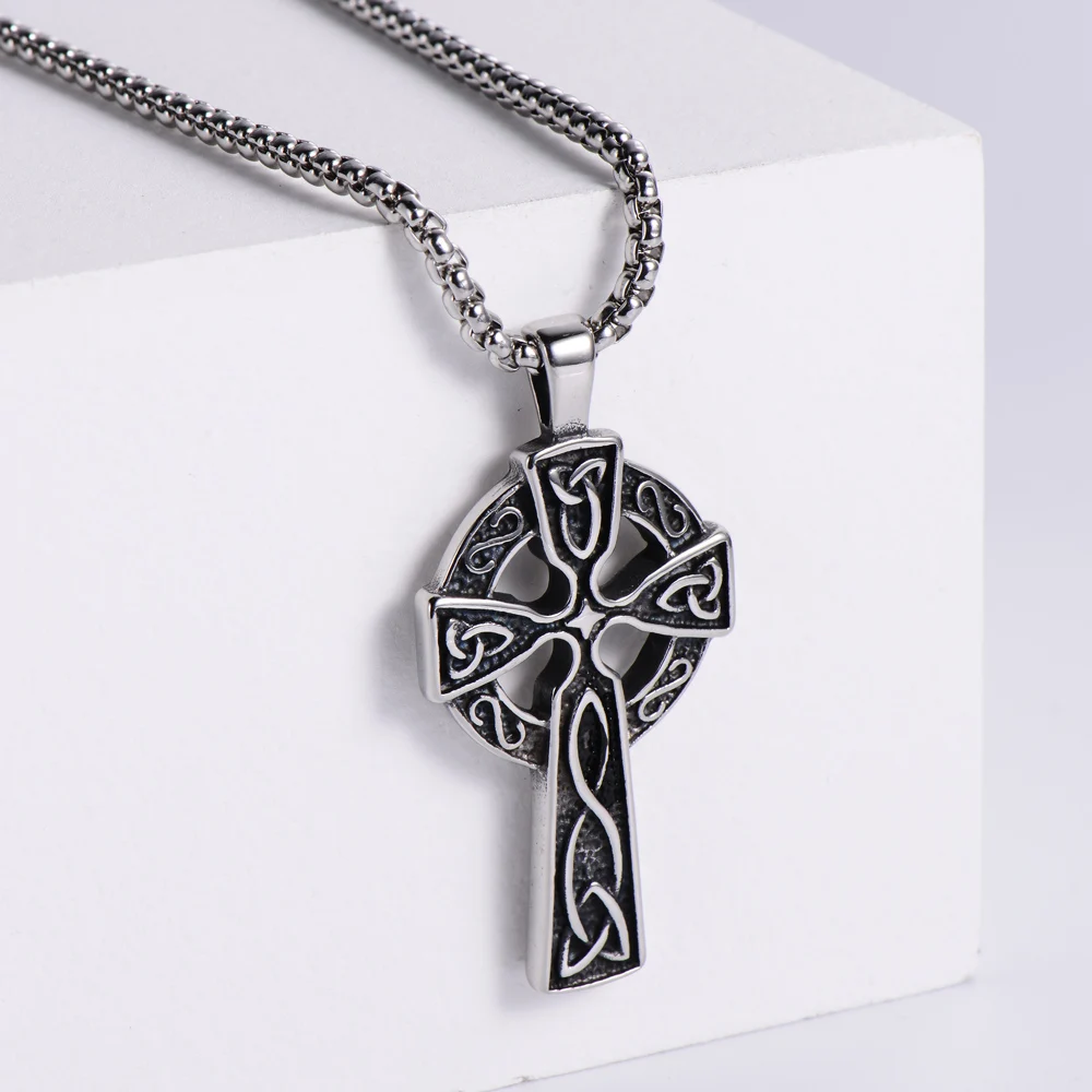 

Men Viking Celtic Knot Cross Stainless Steel Vintage Necklace, Silver, black