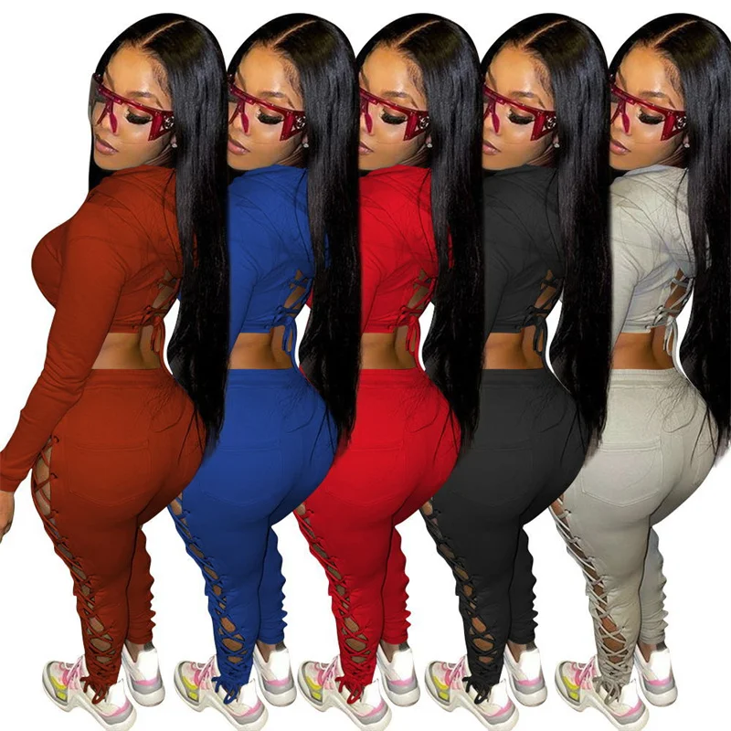 

Fall Trendy Sexy Lace Up Hollow Out Two Piece Jogger Set Sweatpants And Hoodie Set Women Sweatsuit Set Tracksuit, As picture