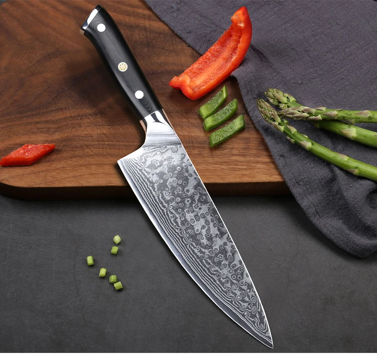chef knife damascus vg10 steel kitchen knife vacuum heat treatment, the hardness of this knife is up to HRC60,allowing the knife to remain sharp long enough for kitchen use and can be sharpened easily.