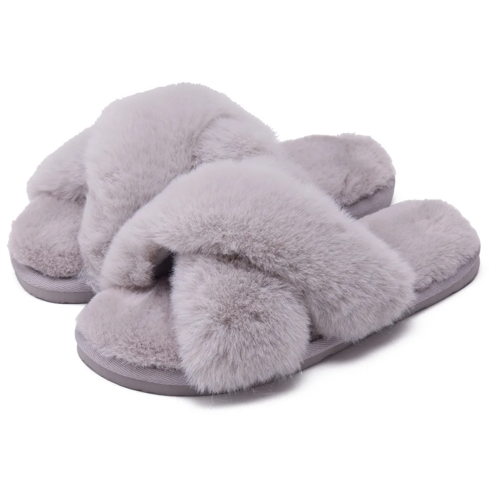 

Women's cross band soft plush imitation rabbit fur indoor or outdoor slippers TPR sole, Picture