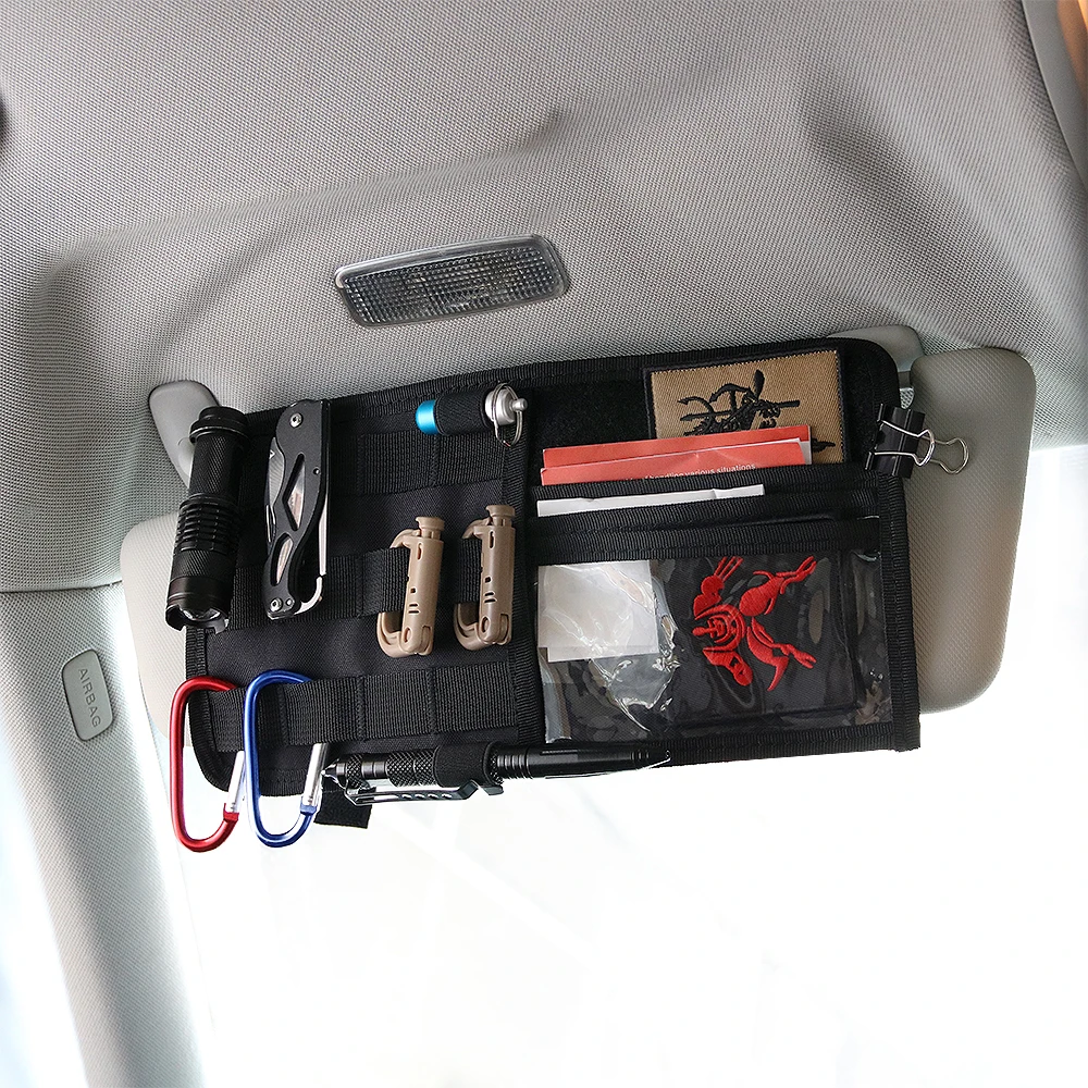 Tactical MOLLE Car Visor Organizer Vehicle Sun Visor Panel with EDC Tool Pouch & CD Storage Quick-Access Bag for SUV/Truck