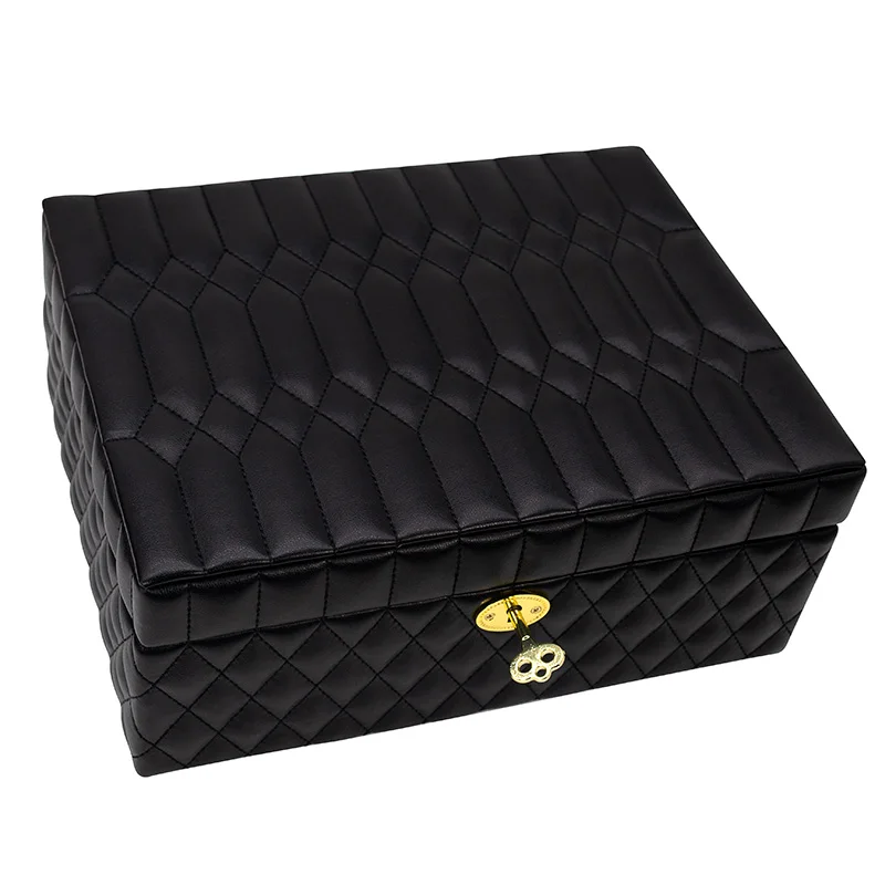 

Luxury Leather Large Jewelry Organizer Mirror Lockable Jewellery Storage Box With Two-layer Drawer