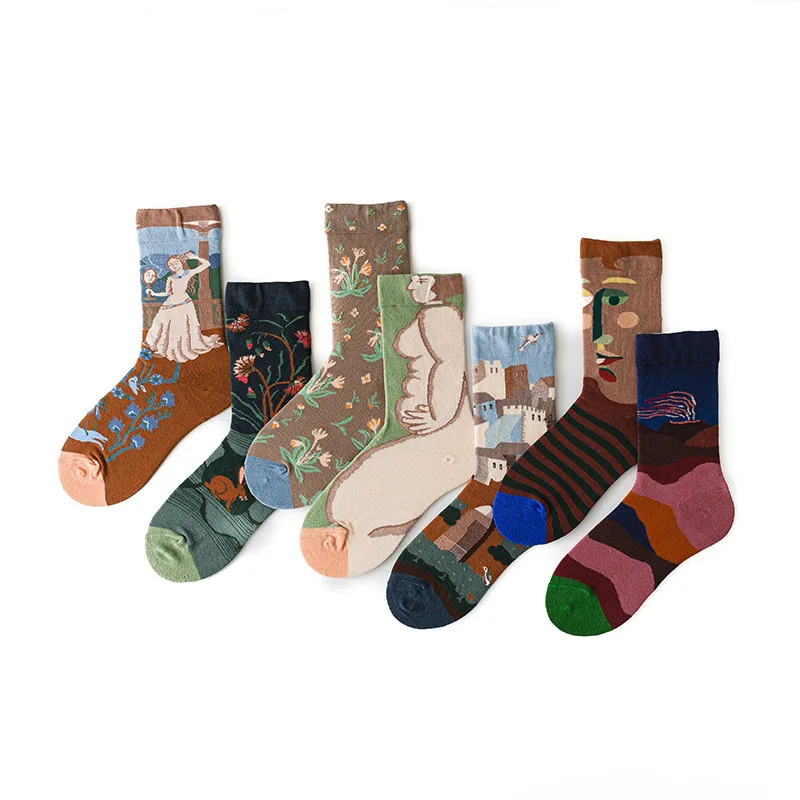 

New French Designer Men Women Fashion Creative Crew Socks Graffiti Portrait Harajuku Personality Art Abstract Oil Painting Sock, Picture shows