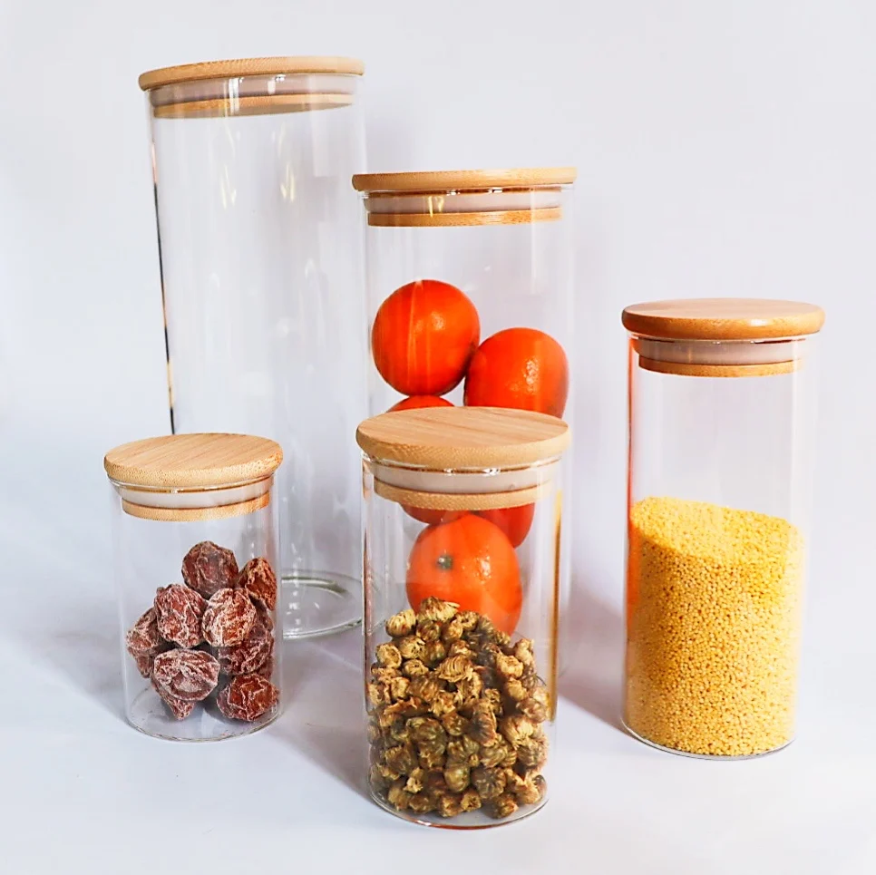 

kitchen lid airtight Bamboo lids tube kitchen box candy food containers storage glass jars, Transparent