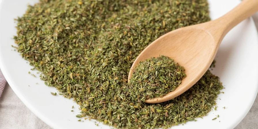 Jar of Herbes de Provence on a rustic wooden table