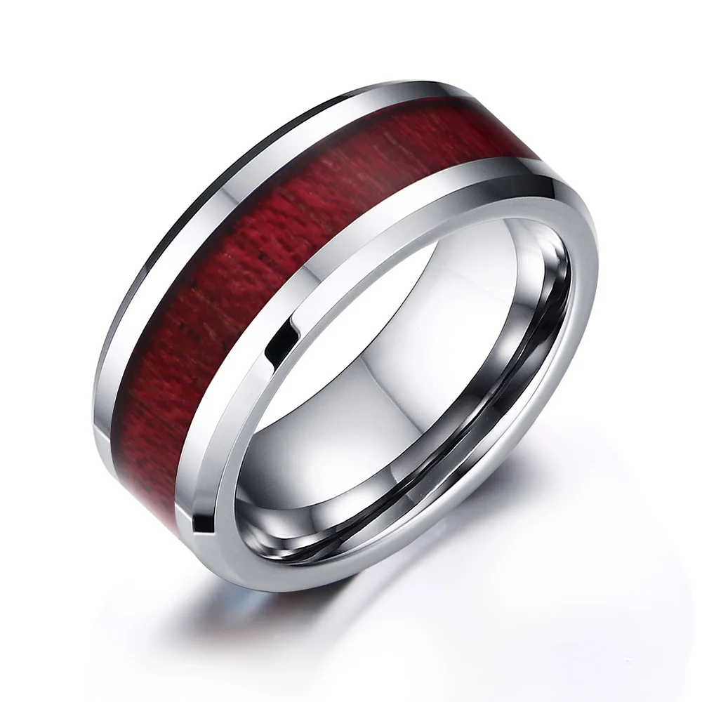 

Poya Wedding Band 8mm Polish Beveled Edge Silver Tungsten Ring With Wood Inlay, Customized color