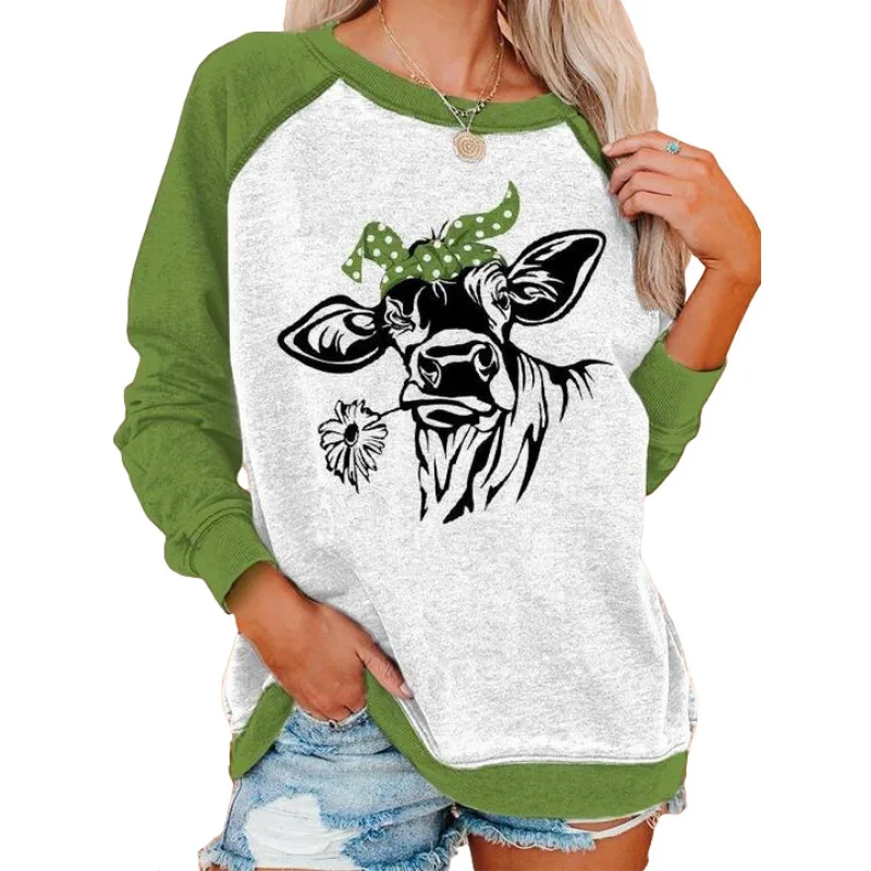 

European and American Autumn and Winter Women's Top Animal Ox Head Print Round Neck Long Sleeve Loose Sweater Woman