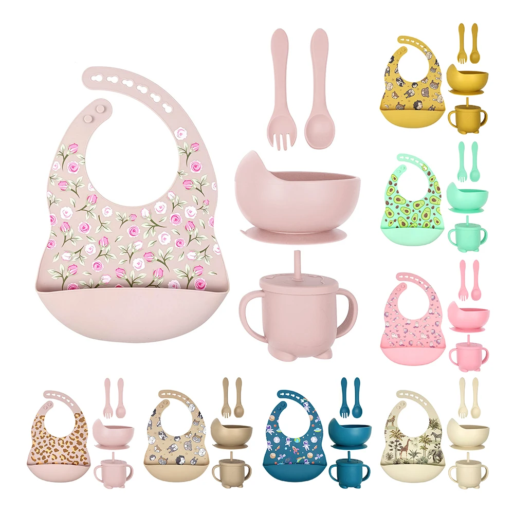 

SET7067HPA Silicone Baby Feeding Set Silicon Bib Printed Suction Bowl Straw Cup Spoon and Fork Set