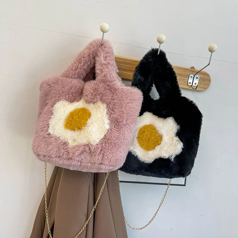

Lasvenis Wholesale Flower Fluffy Velvet Tote Bags Women Messenger Bag Ladies Fur Handbag, Customized color