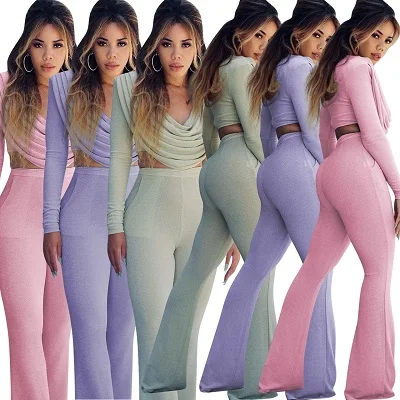 

Fall 2021 Sexy Crop Top 2 Pieces Set Ruffles Solid Color Sexy Yoga Two Piece Pants Set For Women